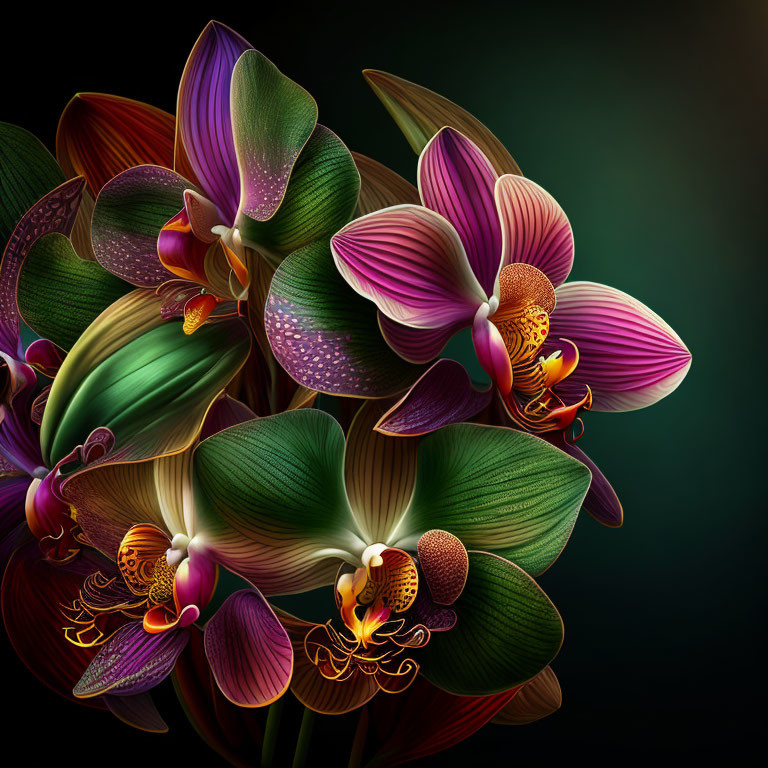 Colorful digital illustration of exotic orchids on dark backdrop