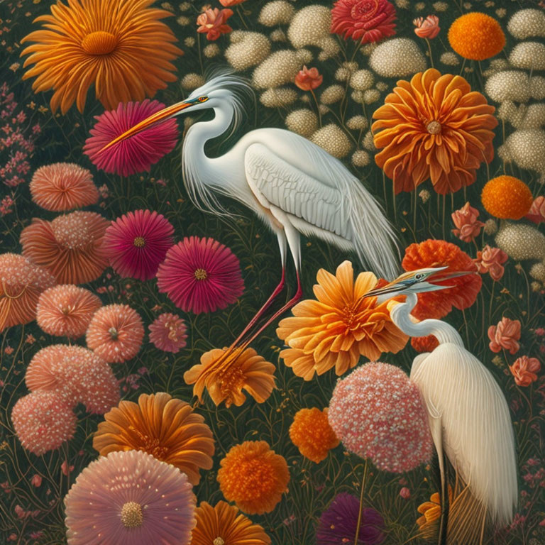 Detailed Illustration: Elegant White Herons Among Blooming Flowers