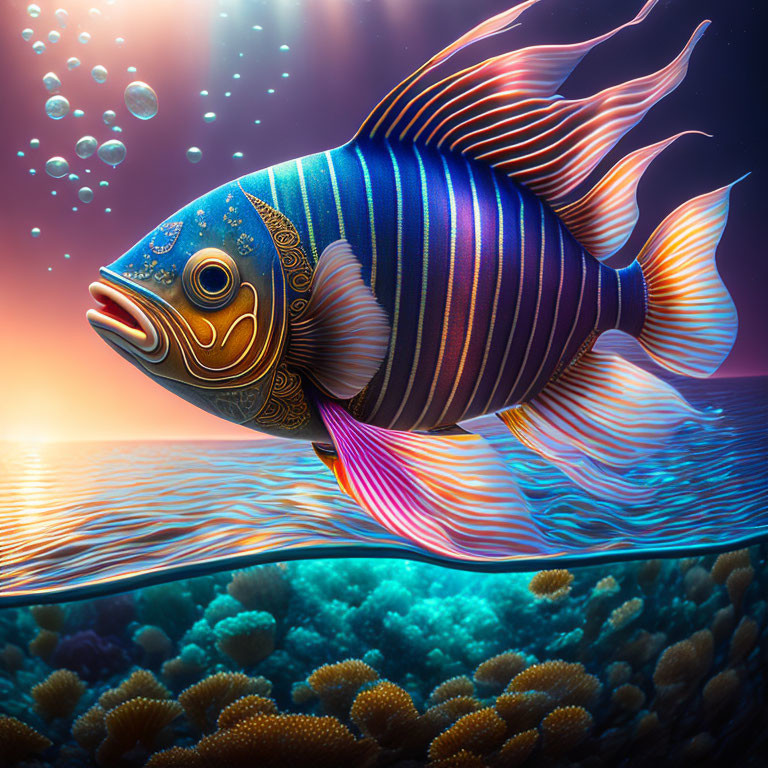 Colorful Fish Swimming Above Coral Reef with Sunlight Filtering Through Water