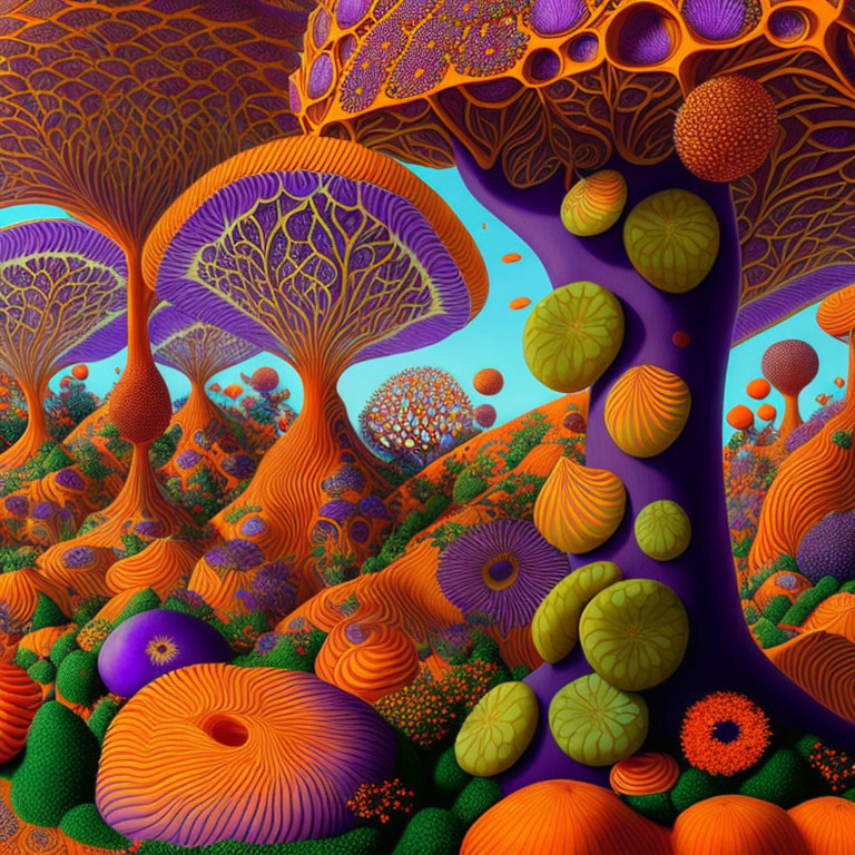 Colorful Psychedelic Landscape with Stylized Trees & Mushroom Shapes