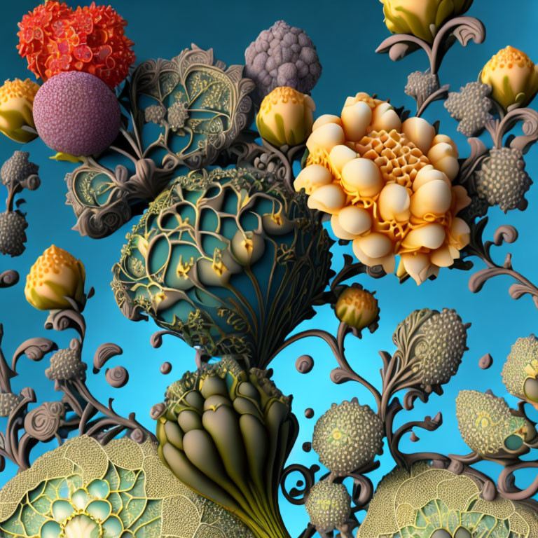 Intricate 3D surreal floral patterns on teal background