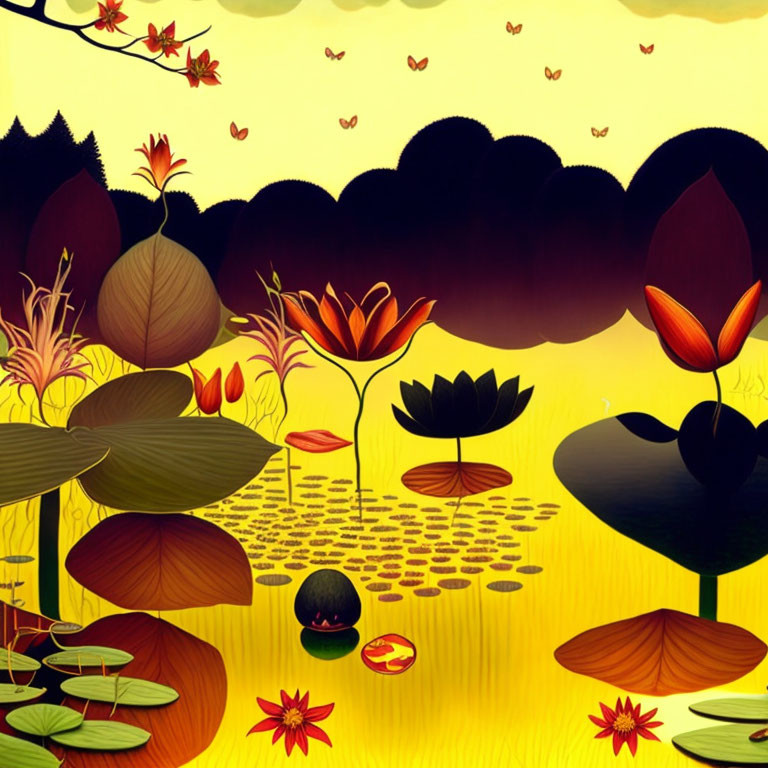 Whimsical pond scene with stylized lily pads and flowers