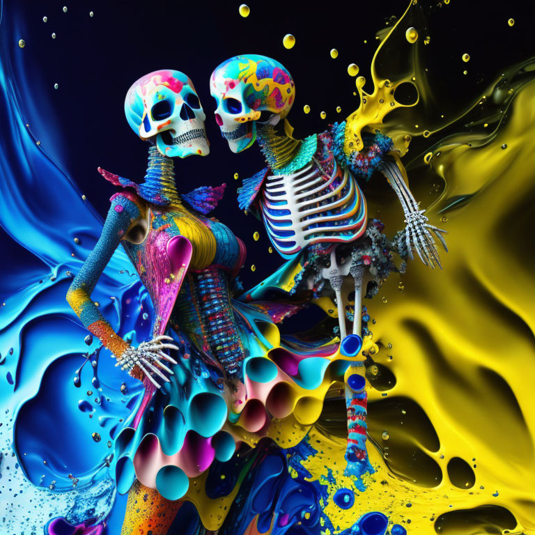 Vibrantly colored skeletons embrace in swirling blue and yellow backdrop