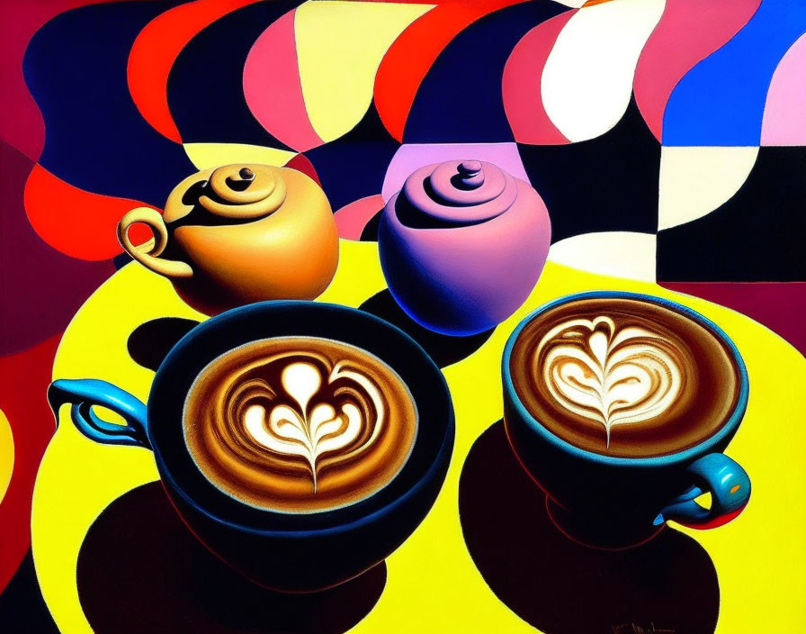 Two heart-shaped latte art cups on table with abstract patterns