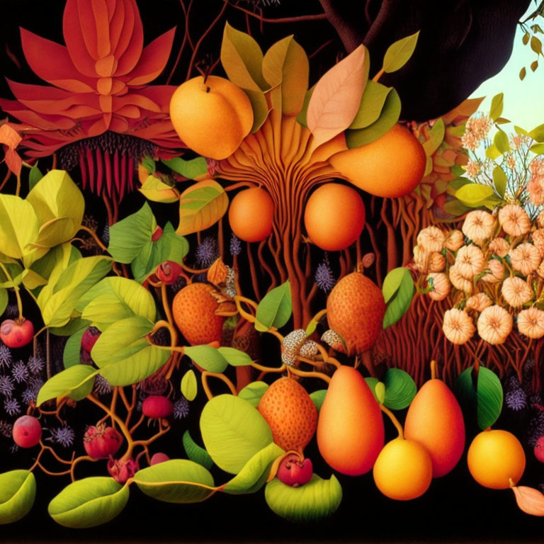 Detailed Illustration of Colorful Fruits & Flowers on Dark Background