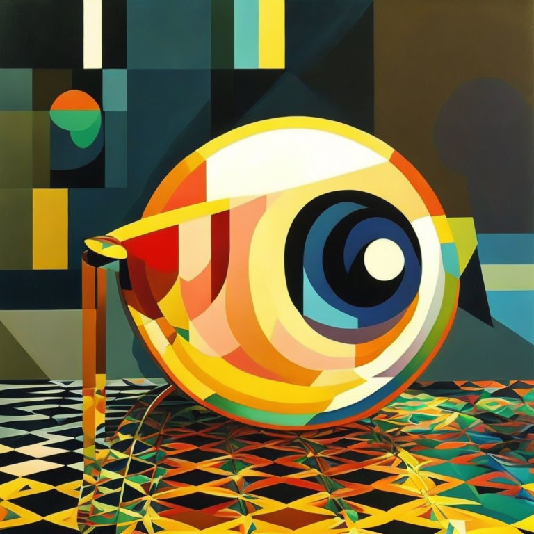 Colorful Abstract Painting with Geometric Floor & Surreal Snail