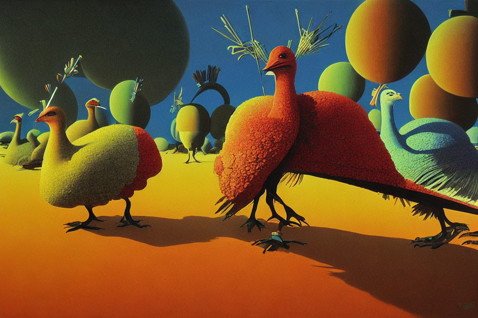 Vibrant stylized peacocks on orange landscape with tree-like plumes