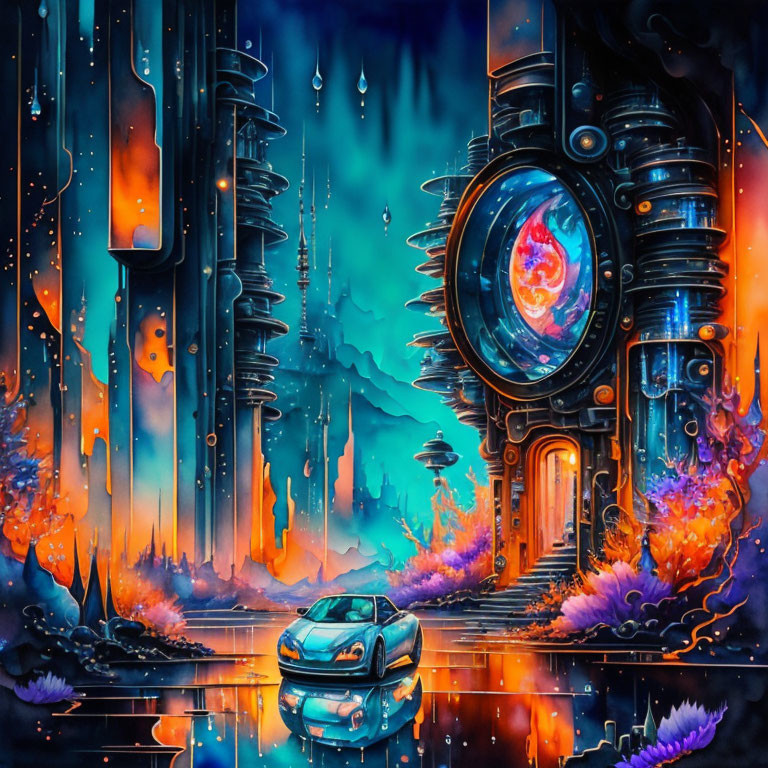 Futuristic cityscape with neon colors, circular portal, whimsical buildings, and sleek car under