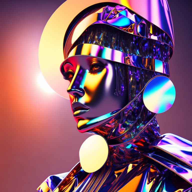 Futuristic digital art: Metallic woman in vibrant colors