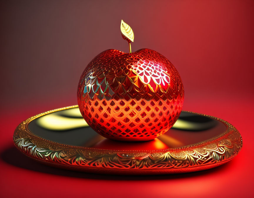 Intricately patterned golden apple on ornate plate against red background