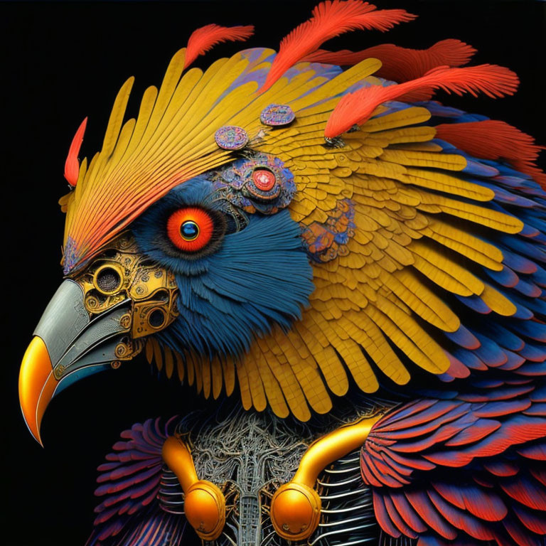 Colorful digital artwork: Mechanical bird with yellow and orange feathers, blue highlights