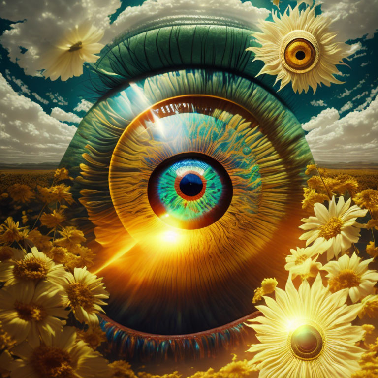 Giant eye in surreal landscape with sunflowers and daisies