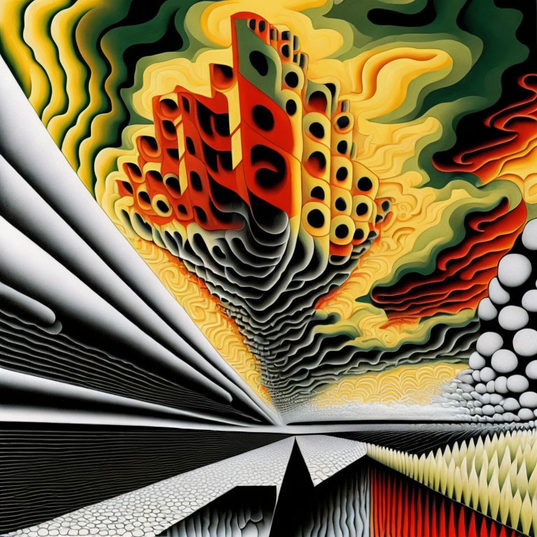 Colorful psychedelic artwork with abstract patterns and swirling clouds surrounding a red and black building.