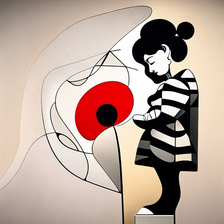 Stylized illustration of person with bun hairstyle and red dot on abstract background