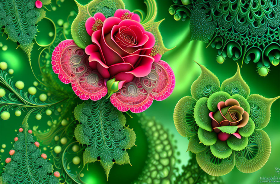 Colorful digital art: stylized roses in fractal patterns.