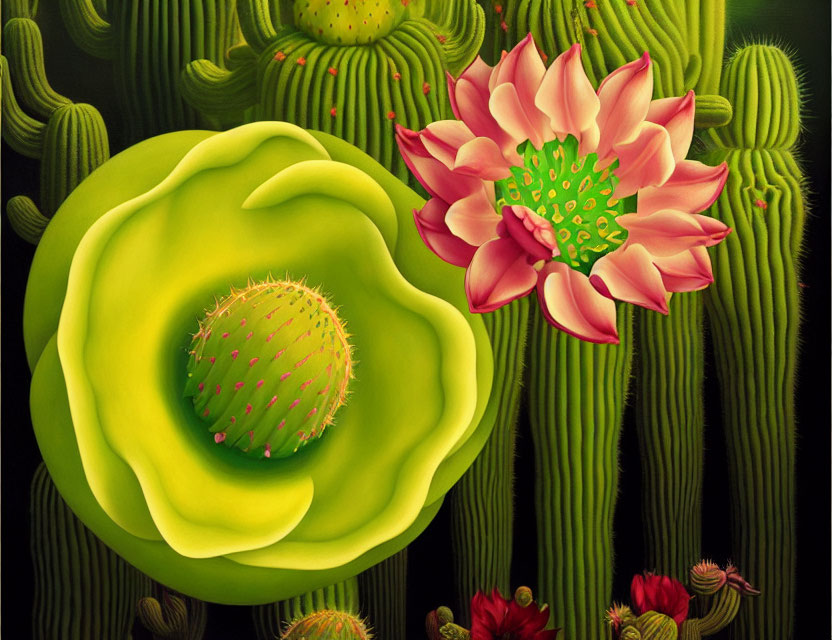 Colorful painting of pink and yellow-green flowers in a cactus garden at night