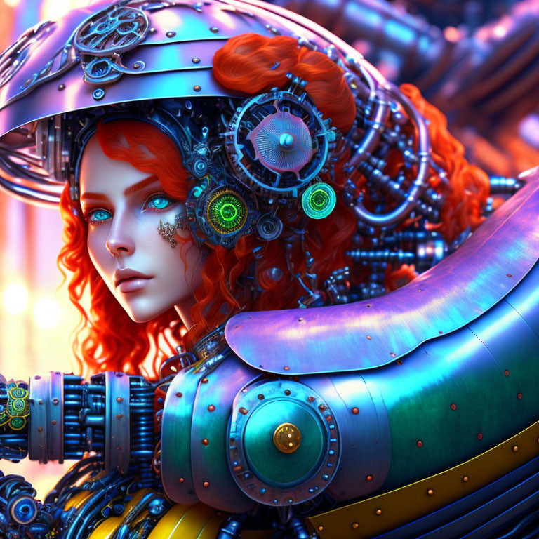 Female Cyborg Digital Artwork with Red Hair and Intricate Mechanical Parts