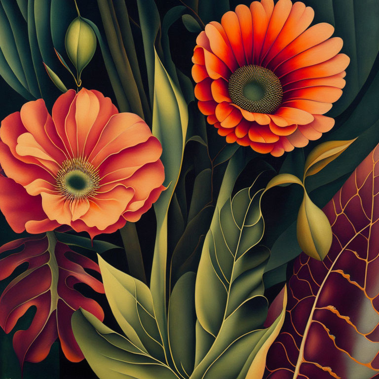 Vibrant orange flowers in stylized painting with dark green foliage