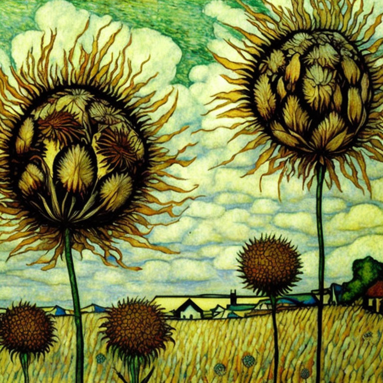 Colorful sunflower painting with rural landscape and cloudy sky