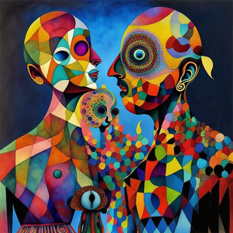 Abstract geometric painting of two figures with patterned skin on dark background