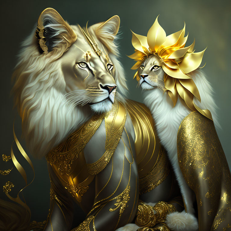 Anthropomorphized lions in ornate golden armor with intricate designs