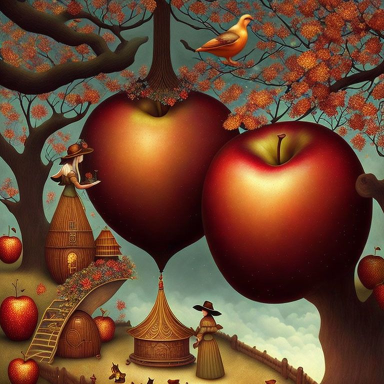 Whimsical illustration of oversized apple buildings with witch-like character and autumnal scenery