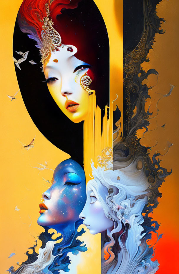 Colorful Digital Art: Three Diverse Female Profiles with Ornate Details