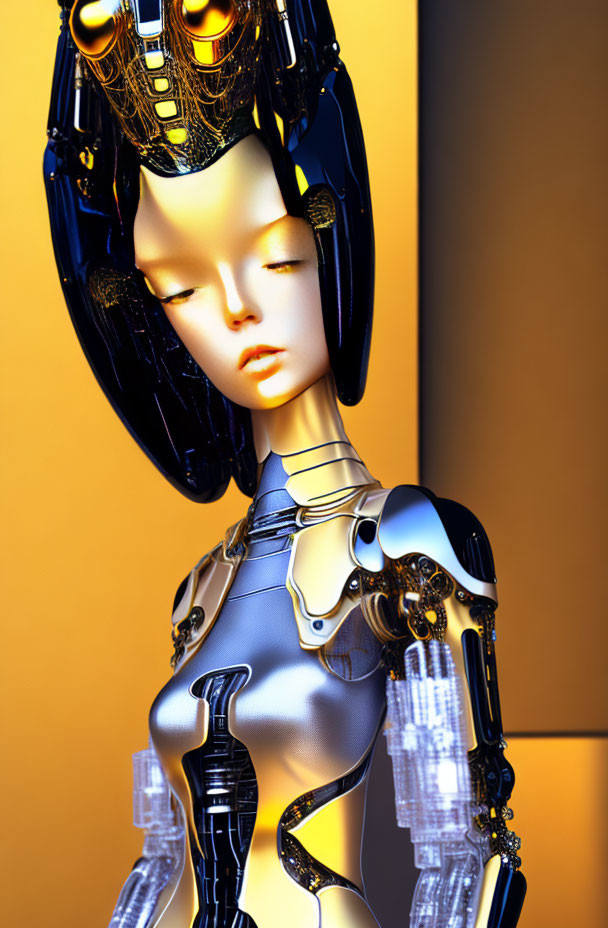 Futuristic android with humanoid face and mechanical body on orange backdrop