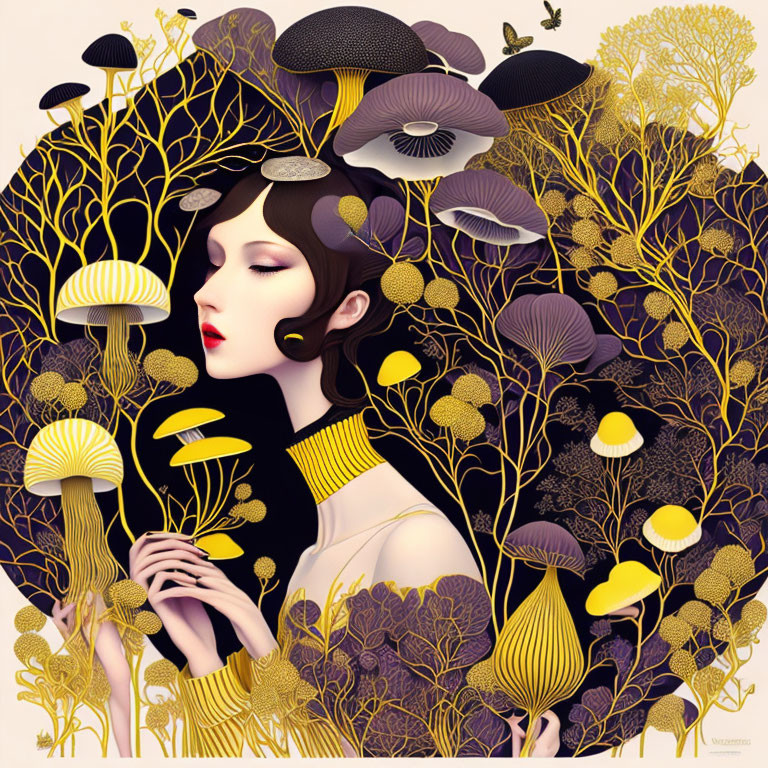 Stylized illustration of woman with mushrooms and plants in golden and black palette