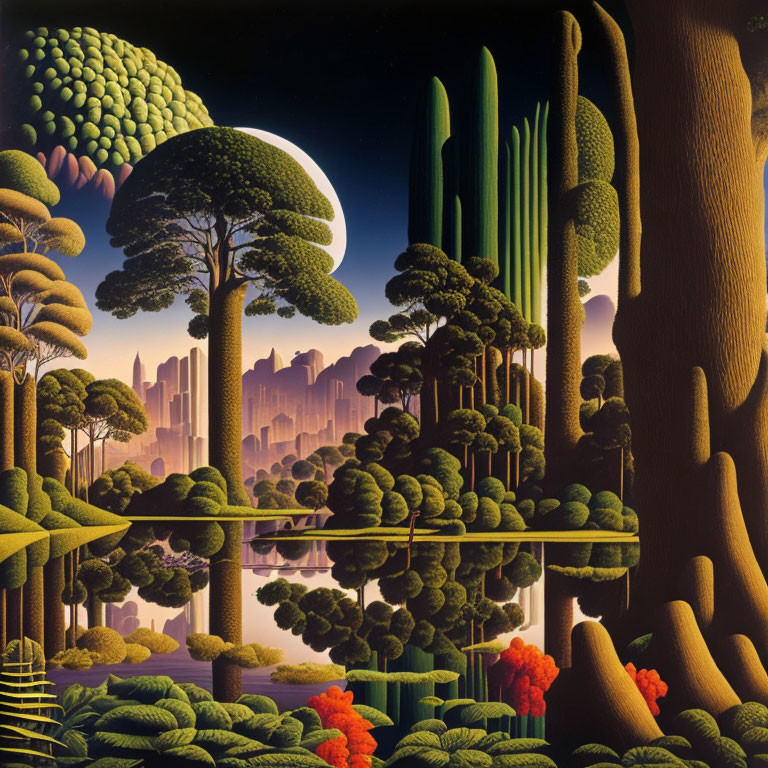 Surreal forest landscape with stylized trees and large moon