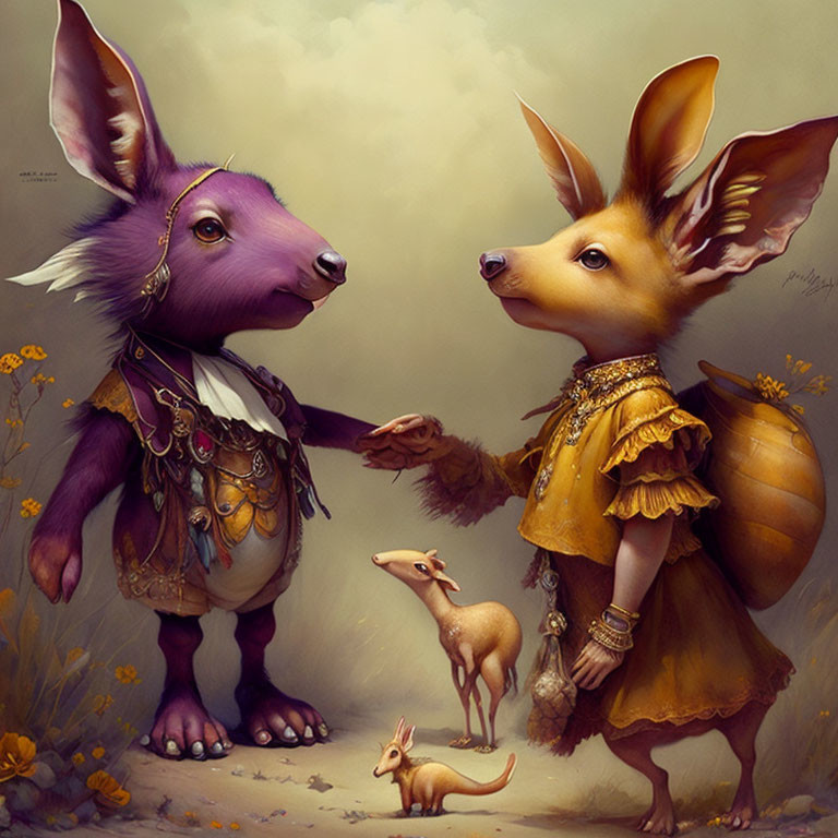 Anthropomorphic animals in ornate and whimsical attire standing in a flower-filled setting