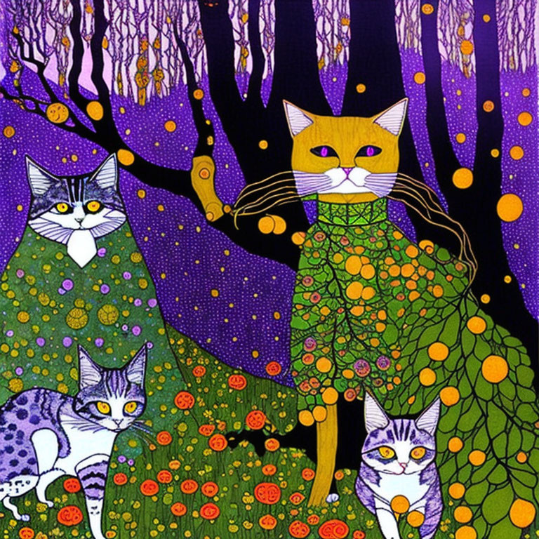 Stylized cats in whimsical forest setting with colorful foliage