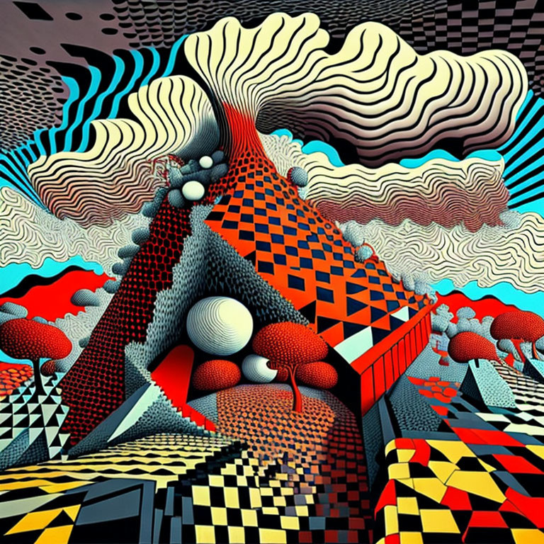 Colorful Abstract Landscape with Geometric Patterns and Surreal Trees