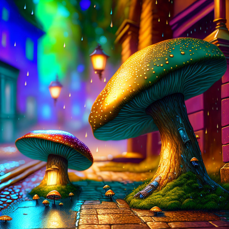 Glowing oversized mushrooms on cobblestone street at night