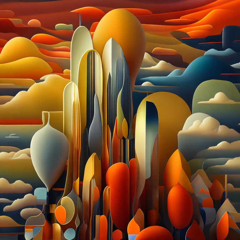 Abstract surreal landscape with futuristic forms and stylized clouds