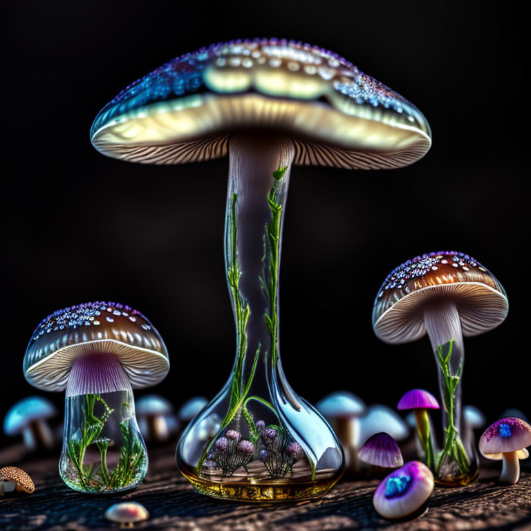 Bioluminescent mushrooms with intricate patterns and miniature ecosystems on dark background