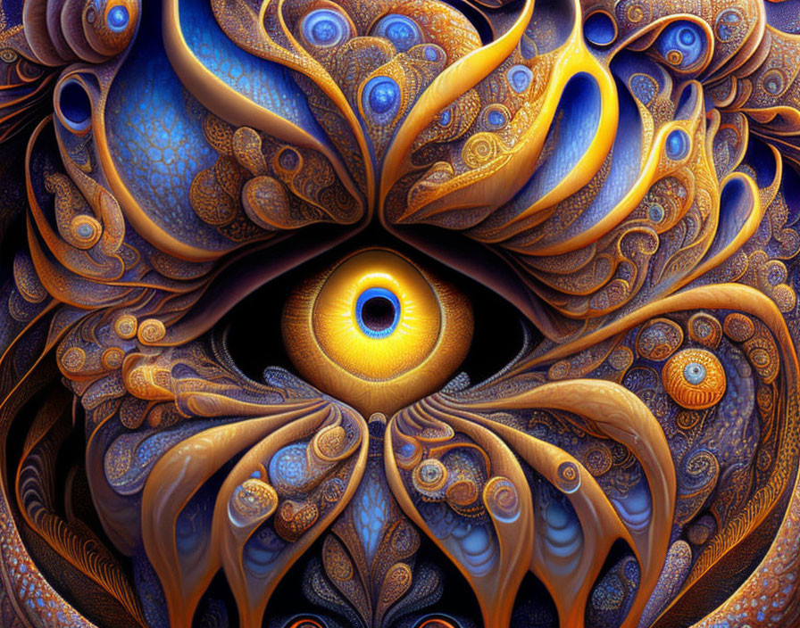 Intricate fractal image: Eye at center, swirling blue, gold, brown patterns