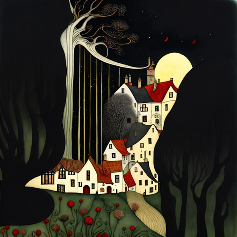 Whimsical village illustration under tree with night sky and full moon