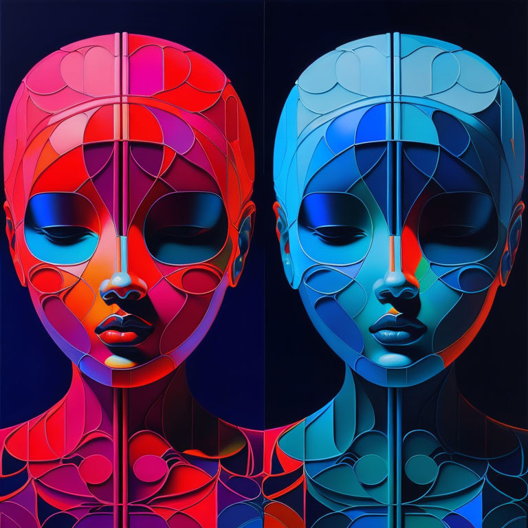 Symmetrical stylized portraits in warm reds and cool blues with intricate patterns