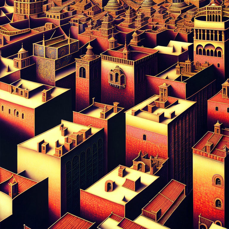 Detailed surreal cityscape with Middle Eastern architecture