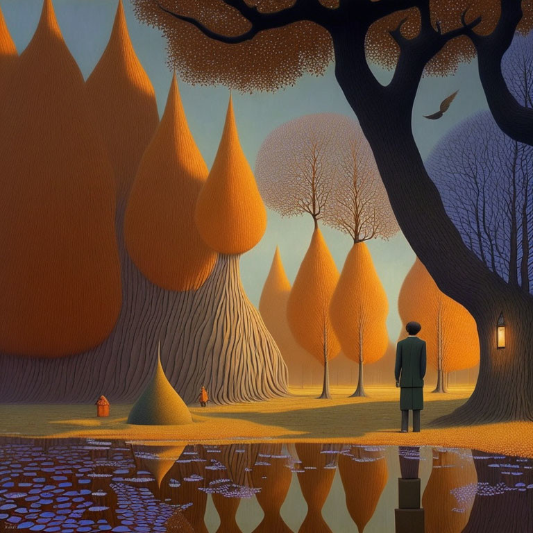 Person in autumn landscape with reflective water, stylized trees, streetlamp, and fox