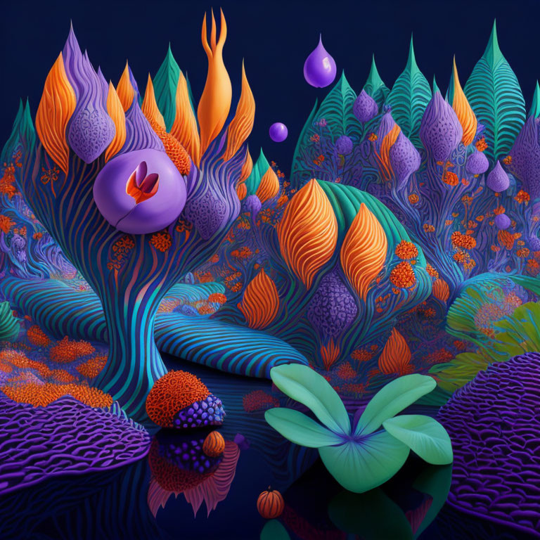 Colorful, stylized flora in surreal landscape on deep blue background