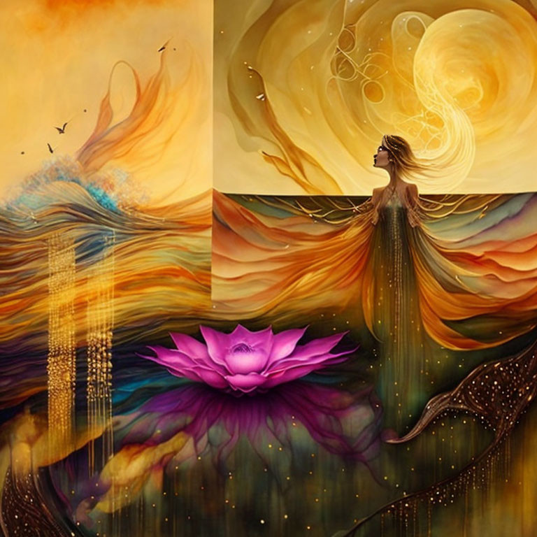 Surreal art: Woman merging with nature, gown flowing into landscapes, birds flying, vibrant lot