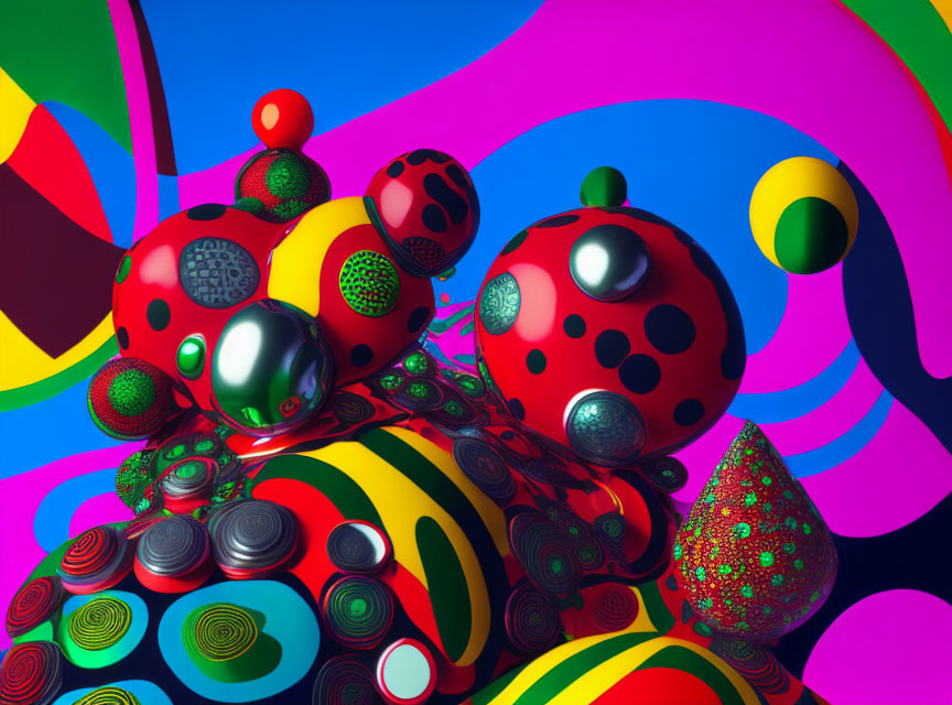 Colorful Patterned Spheres and Shapes on Psychedelic Background