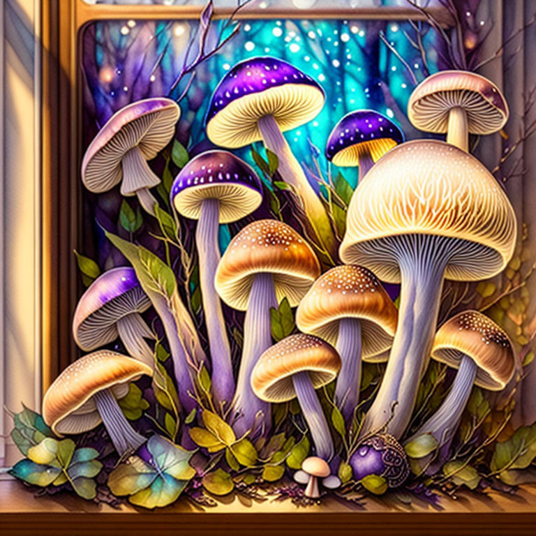 Colorful glowing mushrooms and leaves in ornate window frame against starry backdrop