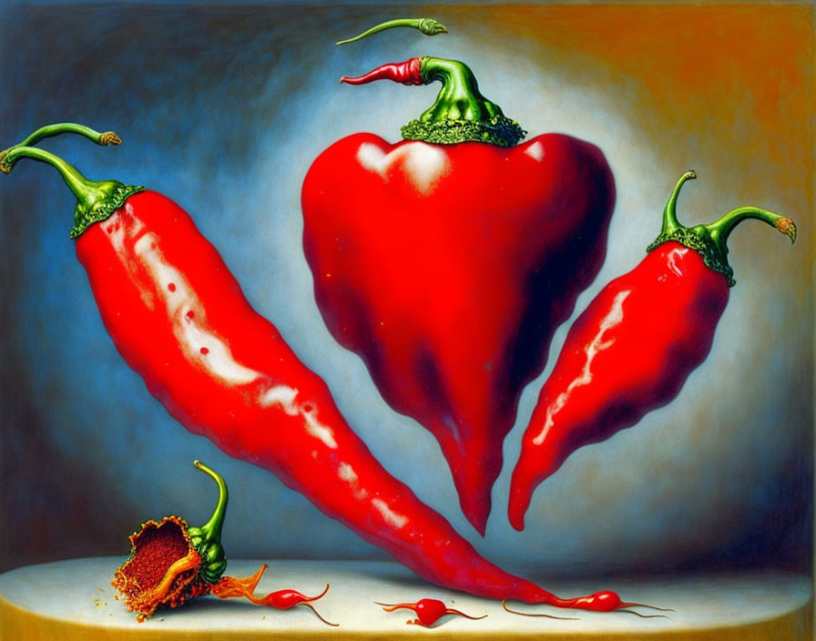 Four Vibrant Red Chili Peppers Arranged in Heart Shape on Surface