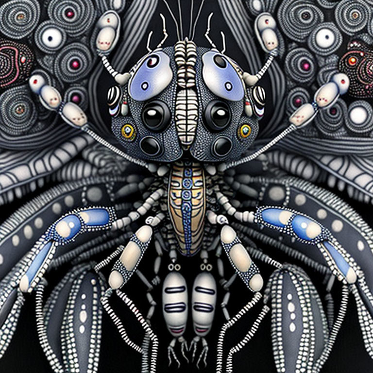 Surreal digitally created insect-like entity with multiple eyes and ornate patterns