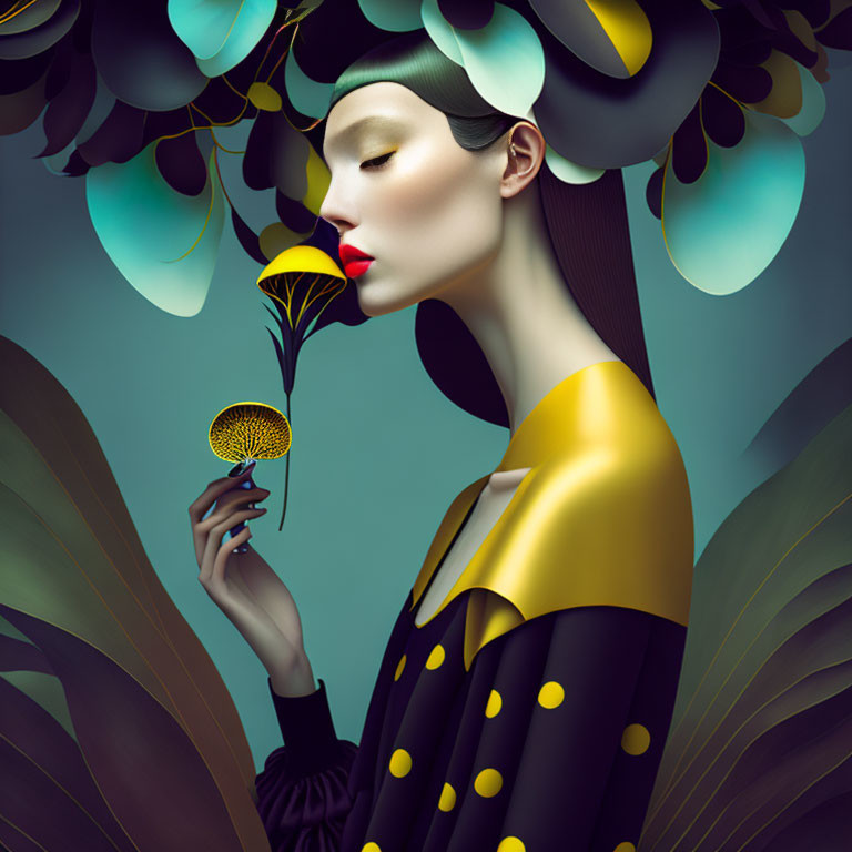 Stylized woman with elongated neck holding a flower in surreal, colorful setting