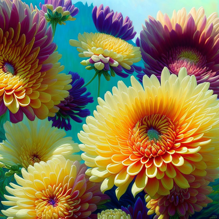 Colorful Gerbera Flowers and Bees on Blue Gradient Background