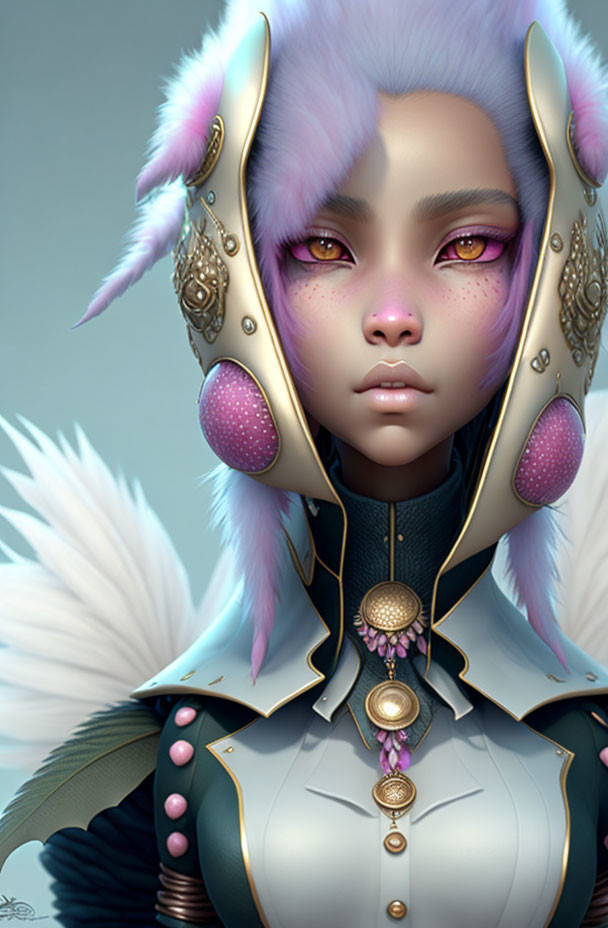 Fantasy character with purple hair, golden headgear, orange eyes, and white feathers